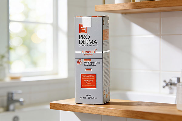 کرم ضد آفتاب پوست چرب SPF50 پرودرما در کنار گیاه سبز