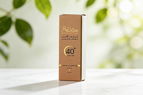 ضد آفتاب کرم پودری پوست چرب SPF40 مدیسان روی سطح مرمر سفید