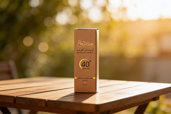 ضد آفتاب رنگی مدیسان پوست چرب SPF40 روی میز چوبی