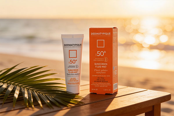 فلوئید ضد آفتاب پوست چرب درماتیپیک در کنار برگ