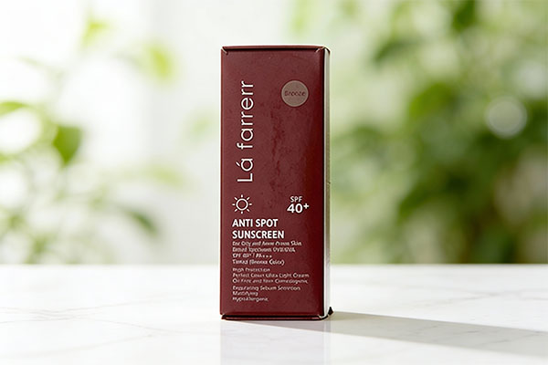 تصویر کرم ضد آفتاب و ضد لک رنگی پوست چرب SPF40 لافارر روی سطح مرمر سفید