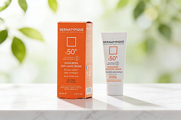 ضد آفتاب و ضد جوش درماتیپیک SPF50 روی سطح مرمر سفید