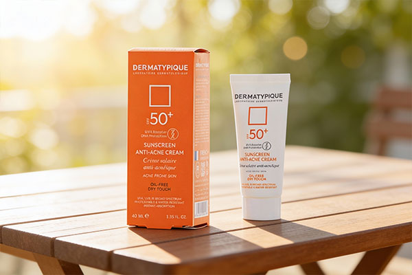 ضد آفتاب پوست چرب و جوش دار درماتیپیک کنار لیوان آب