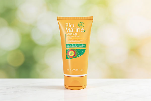 تصویر ضد آفتاب بی رنگ پوست چرب بایومارین روی سطح مرمر سفید