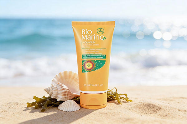 ضد آفتاب بایومارین پوست چرب بی رنگ در کنار عناصر دریایی