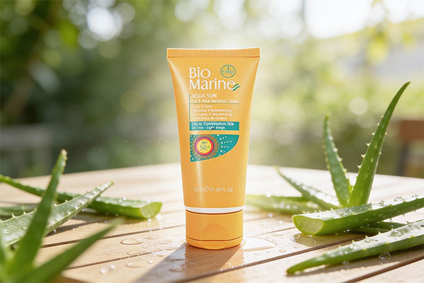 تصویر کرم ضد آفتاب رنگی پوست چرب SPF50 بایومارین روی سطح چوبی