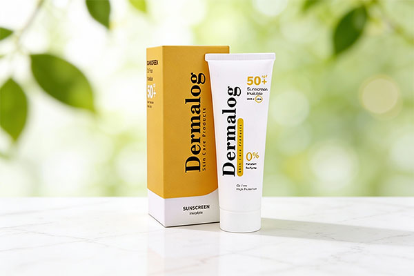 تصویر کرم ضد آفتاب SPF50 پوست چرب درمالوگ روی سطح مرمر سفید