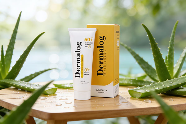 نمای نزدیک از کرم ضد آفتاب درمالوگ فاقد چربی SPF50 در کنار عناصر طبیعی