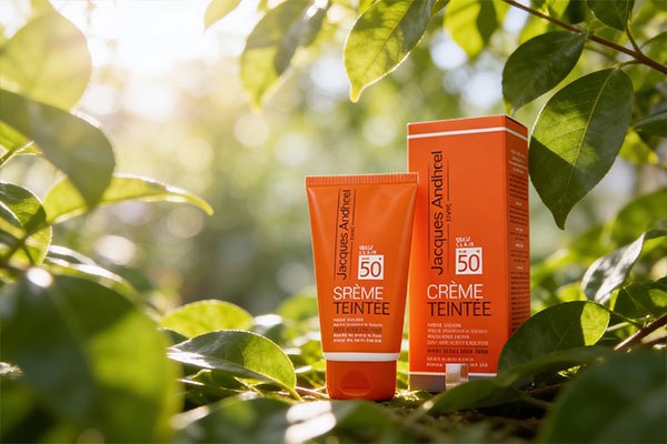 کرم ضد آفتاب ژاک آندرل پوست چرب در کنار برگ&zwnj;های سبز