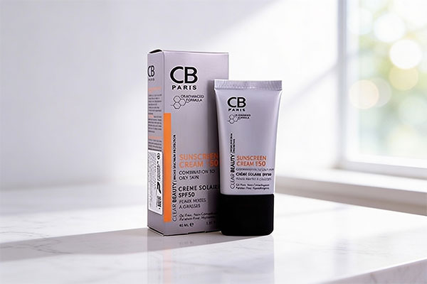 تصویر کرم ضد آفتاب SPF50 پوست چرب سی بی پاریس روی سطح مرمر سفید