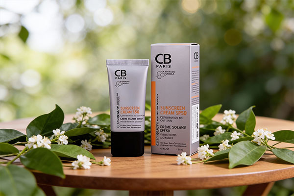 تصویر کرم ضد آفتاب پوست چرب سی بی پاریس در کنار برگ&zwnj;های سبز