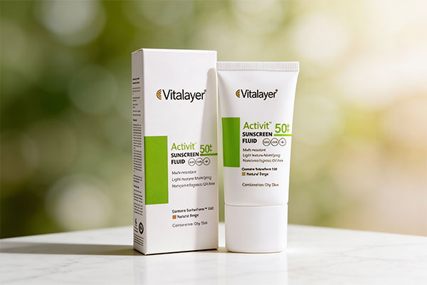 فلوئید ضد آفتاب SPF50 پوست چرب اکتی ویت ویتالیر روی سطح مرمر سفید