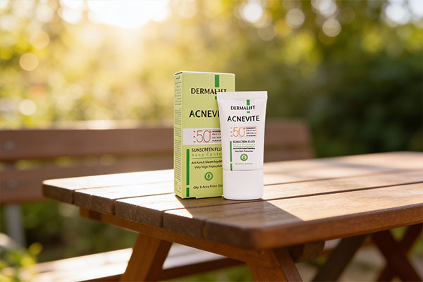 فلوئید ضد آفتاب آکنویت SPF50 درمالیفت در کنار لیوان آب