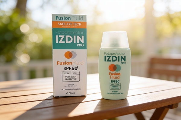 ضد آفتاب فیوژن فلوئید ایزدین پرو کنار لیوان آب و لیمو