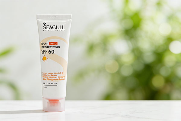 کرم ضد آفتاب بی رنگ SPF60 سان پرو سی گل روی سطح مرمر سفید