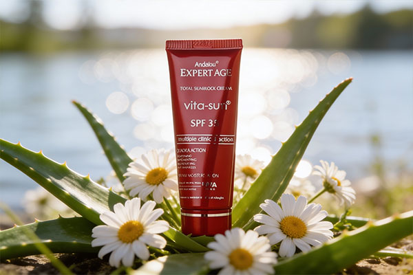 نمای نزدیک از کرم ضد آفتاب روشن کننده SPF35 اکسپرتیج آردن با عناصر طبیعی