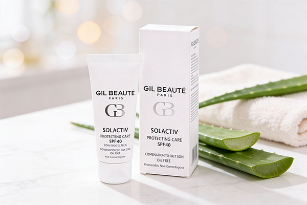 تصویر کرم ضد آفتاب پوست چرب ژیل بوته SPF40 سل اکتیو روی سطح مرمر سفید