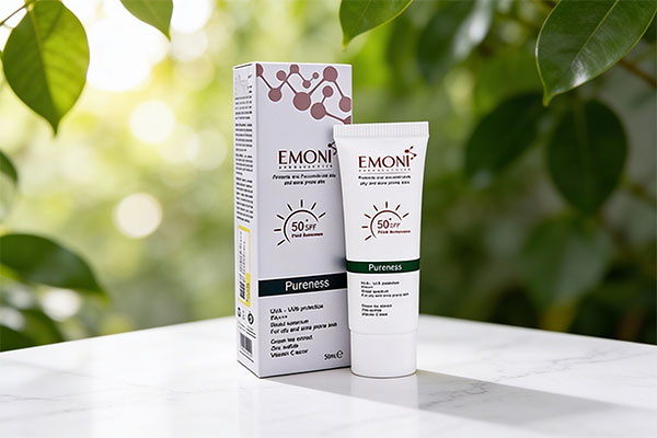 کرم ضد آفتاب فلوئید SPF50 پوست چرب پیورینس امونی روی سطح مرمر سفید