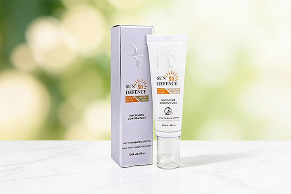 ضد آفتاب پوست چرب رویال فم فیوژن واتر SPF50 روی سطح مرمر سفید