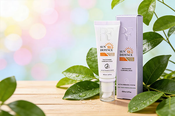 ضد آفتاب فیوژن واتر آر اف SPF50 پوست چرب در کنار برگهای سبز