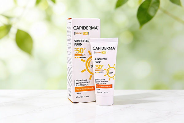 فلوئید ضد آفتاب SPF50 بی رنگ پوست چرب کپیدرما روی سطح مرمر سفید