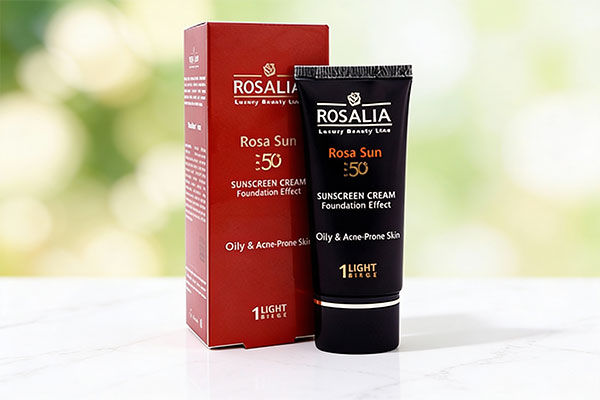 ضد آفتاب رنگی پوست چرب رزالیا روی سطح مرمر سفید