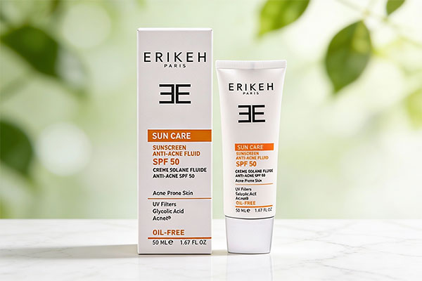 فلوئید ضد آفتاب SPF50 اریکه روی سطح مرمر سفید