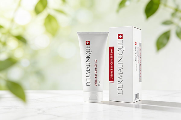 لوسیون ضد آفتاب SPF50 درمایونیک روی سطح مرمر سفید