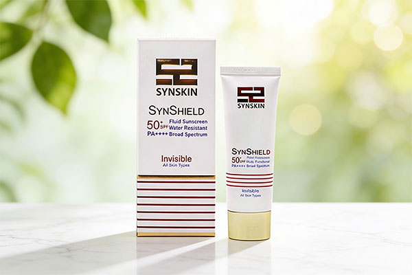 فلوئید ضد آفتاب SPF 50 ساین شیلد ساین اسکین روی سطح مرمر سفید