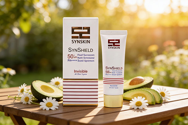 فلوئید ضد آفتاب SPF 50 ساین شیلد ساین اسکین روی سطح مرمر سفید