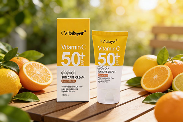 نمای کرم ضد آفتاب ویتالیر ویتامین سی در کنار مرکبات تازه