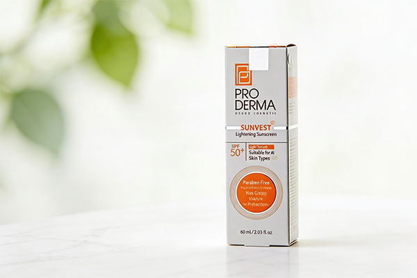 تصویر کرم ضد آفتاب و ضد لک پرودرما SPF50 سان وست روی سطح مرمر سفید