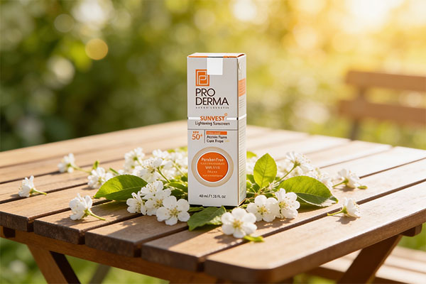 کرم ضد آفتاب و ضد لک پرودرما SPF50 در کنار گل&zwnj;ها و برگ&zwnj;های تازه