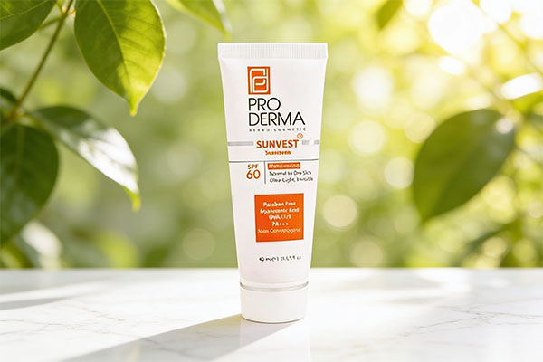 ضد آفتاب پوست خشک پرودرما روی سطح مرمر سفید