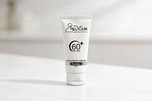 کرم ضد آفتاب آقایان SPF60 مدیسان روی سطح مرمر سفید