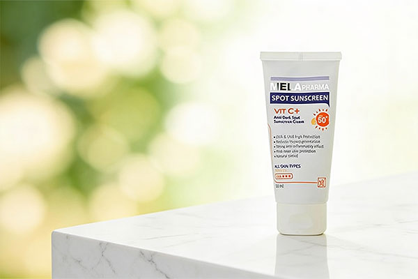 ضد آفتاب رنگی ملافارما مای فارما SPF50 روی سطح مرمر سفید