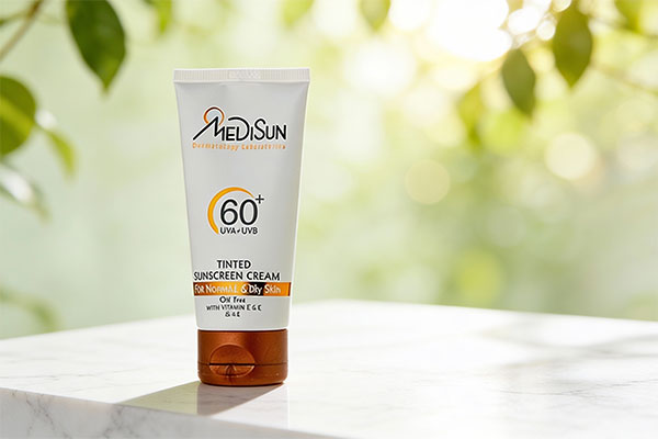 کرم ضد آفتاب رنگی پوست معمولی و چرب SPF60 مدیسان روی سطح مرمر سفید