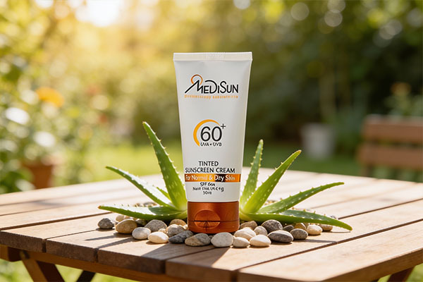 کرم ضد آفتاب پوست چرب SPF60 مدیسان در کنار عناصر طبیعی