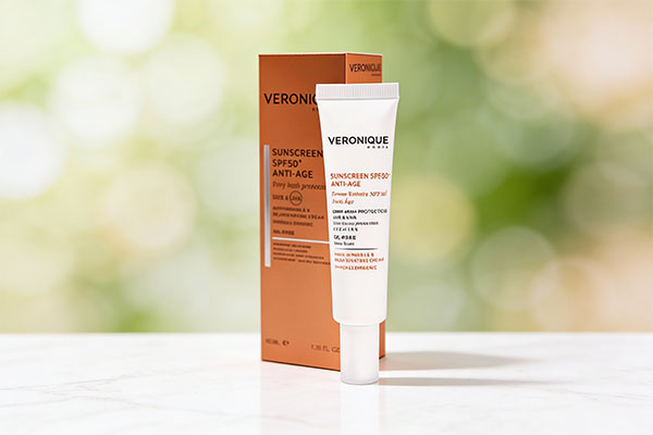 کرم ضد آفتاب و ضد چروک SPF50 ورونیک روی سطح مرمر سفید