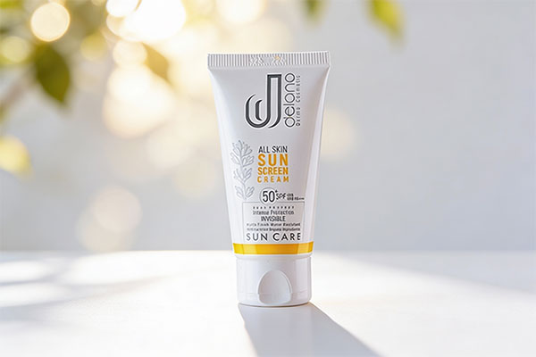 تصویر کرم ضد آفتاب بی رنگ SPF50 دلانو روی سطح سفید