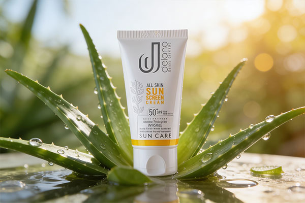 نمای نزدیک از کرم ضد آفتاب بی رنگ SPF50 دلانو با عناصر طبیعی