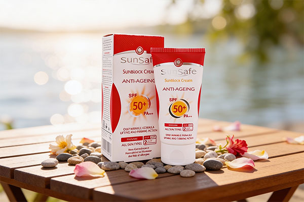 کرم ضد آفتاب سان سیف ضد چروک SPF50 در کنار گلبرگ&zwnj;ها و سنگ&zwnj;ریزه