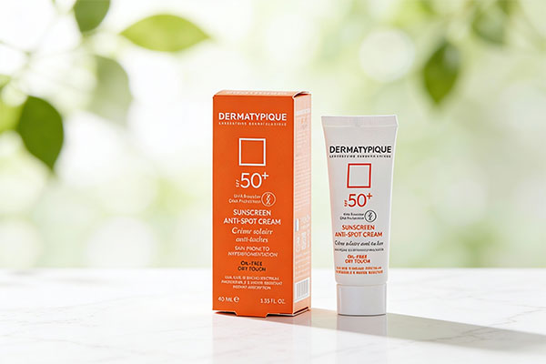 ضد آفتاب ضد لک درماتیپیک SPF50 روی سطح مرمر سفید