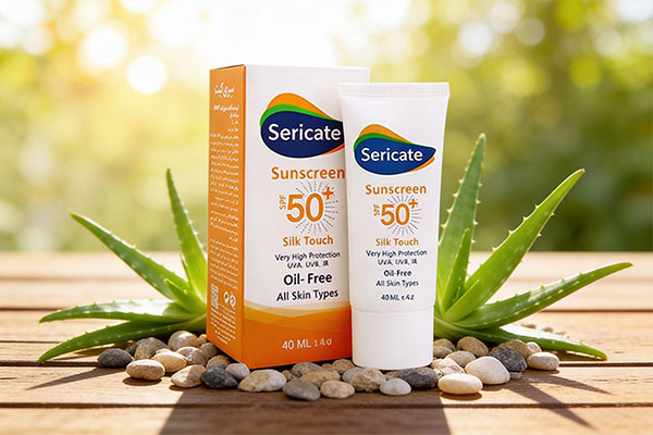 کرم ضد آفتاب سیلک تاچ SPF50 سری کیت در کنار عناصر طبیعی
