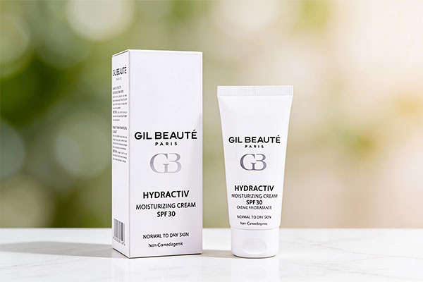 تصویر کرم مرطوب کننده ضد آفتاب SPF30 هیدراکتیو ژیل بوته روی سطح مرمر سفید