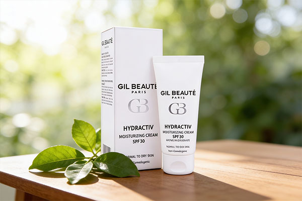 تصویر کرم مرطوب کننده ضد آفتاب SPF30 هیدراکتیو ژیل بوته روی سطح مرمر سفید