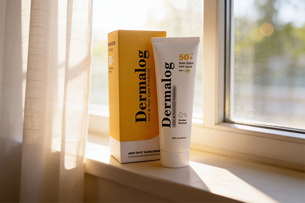 کرم ضد آفتاب و ضد لک بی رنگ درمالوگ کنار پنجره آفتابی