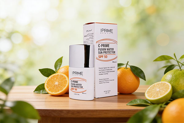 فلوئید ضد آفتاب فیوژن واتر پرایم SPF 50 در کنار مرکبات و برگ&zwnj;های سبز