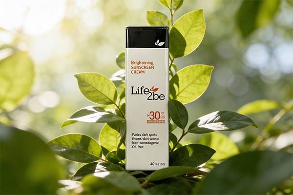 ضد آفتاب رنگی Life2be پوست چرب در کنار برگ&zwnj;های سبز