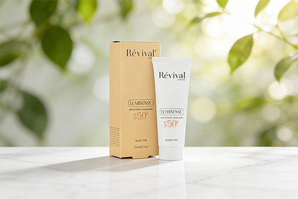 فلوئید ضد آفتاب روشن کننده رویوال روی سطح مرمر سفید